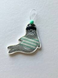 Seal Christmas Decoration, Ornament, Breton Stripe, Tree, Hanging Woolly Hat, Bobble Fabric, Embroidery Art - thumbnail 1
