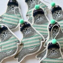 Seal Christmas Decoration, Ornament, Breton Stripe, Tree, Hanging Woolly Hat, Bobble Fabric, Embroidery Art - thumbnail 2