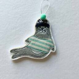 Seal Christmas Decoration, Ornament, Breton Stripe, Tree, Hanging Woolly Hat, Bobble Fabric, Embroidery Art - thumbnail 4