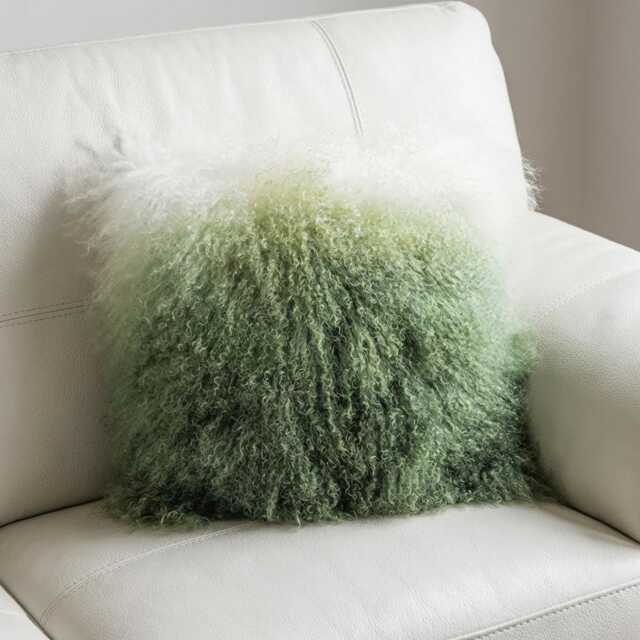 Large Sheepskin Fur Cushion Cover Green White Ombre Mongolian - image 1