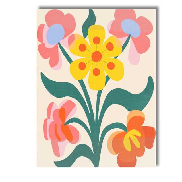 Folk Art Yellow Flower Bouquet With Pink & Coral Blossoms Canvas Wall Print Decor Picture Ready To Hang - image 1
