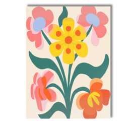 Folk Art Yellow Flower Bouquet With Pink & Coral Blossoms Canvas Wall Print Decor Picture Ready To Hang - thumbnail 1