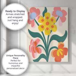 Folk Art Yellow Flower Bouquet With Pink & Coral Blossoms Canvas Wall Print Decor Picture Ready To Hang - thumbnail 3