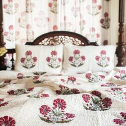 Aafreen Red Poppy Blockprint Handstitch Pk Double Bed Quilt Set, Dohar, Handmade Bedding, Christmas Gift, Light Coverlet, Fast Shipping - thumbnail 2