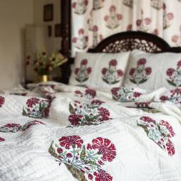 Aafreen Red Poppy Blockprint Handstitch Pk Double Bed Quilt Set, Dohar, Handmade Bedding, Christmas Gift, Light Coverlet, Fast Shipping - thumbnail 3