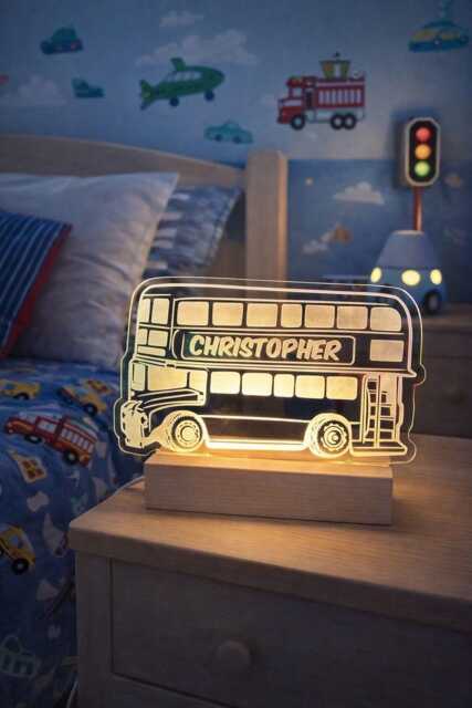 Personalised Bus Night Light For Kids - Custom Name Led Lamp Transport Bedroom Decor - image 1