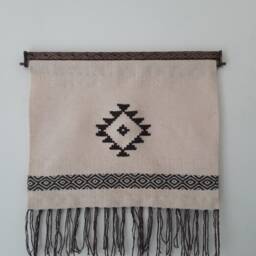 Wool Woven Wall Hanging Cabin Cottage Decor, Rustic Brown & White - thumbnail 1