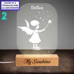 Personalized Baby Angel Star Acrylic Night Light With Name Engraving, Beech Wood Led Lamp, Custom Laser Engraved Gift - thumbnail 2