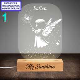Personalized Baby Angel Star Acrylic Night Light With Name Engraving, Beech Wood Led Lamp, Custom Laser Engraved Gift - thumbnail 1