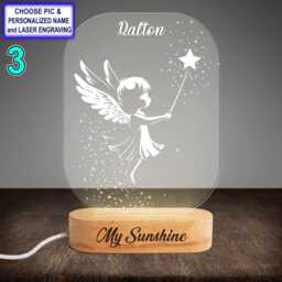 Personalized Baby Angel Star Acrylic Night Light With Name Engraving, Beech Wood Led Lamp, Custom Laser Engraved Gift - thumbnail 3