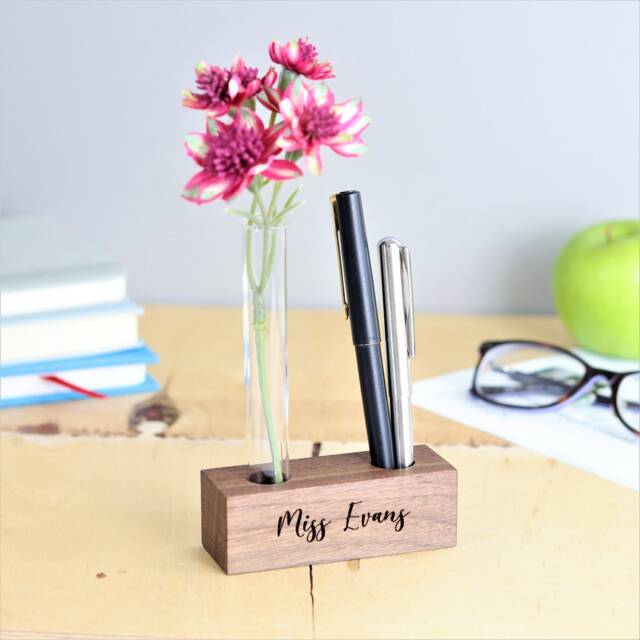 Personalised Walnut Pen Holder - Teacher Desk Organizer With Stem Vase - image 1