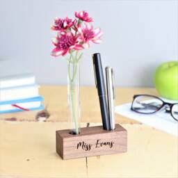 Personalised Walnut Pen Holder - Teacher Desk Organizer With Stem Vase - thumbnail 1