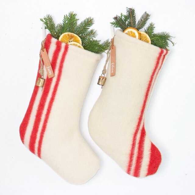 Handmade Wool Christmas Stocking - Personalized Name Tag, Red & White Vertical Stripes - image 1