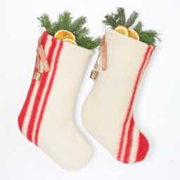 Handmade Wool Christmas Stocking - Personalized Name Tag, Red & White Vertical Stripes - thumbnail 1