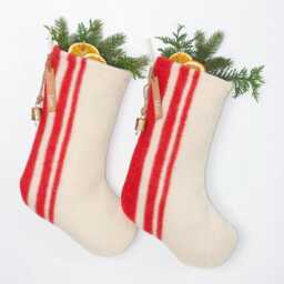 Handmade Wool Christmas Stocking - Personalized Name Tag, Red & White Vertical Stripes - thumbnail 2