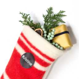 Handmade Wool Christmas Stocking - Personalized Name Tag, Red & White Vertical Stripes - thumbnail 4