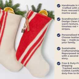 Handmade Wool Christmas Stocking - Personalized Name Tag, Red & White Vertical Stripes - thumbnail 3