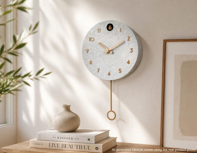 Modern Cuckoo Clock Concrete Look - Minimalist Wall Clock, Brass Details D??cor - image 1