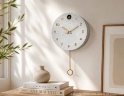Modern Cuckoo Clock Concrete Look - Minimalist Wall Clock, Brass Details D??cor - thumbnail 1