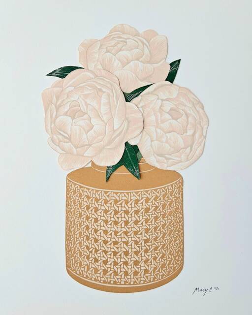 Peony Bouquet, Original Block Print Collage Art, Gifting Flowers, Limited Edition Print, Paper Flower Wall Decor - image 1