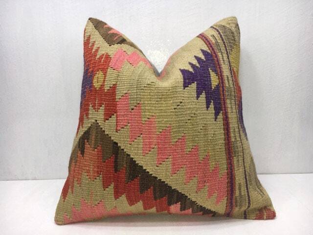 Handwoven Kilim Pillow Cover, Rustic Turkish Pillow, 16x16 - image 1