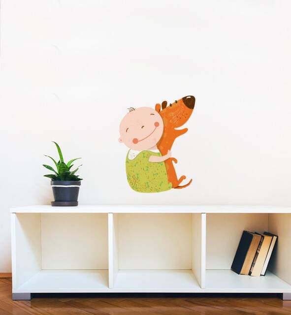 Little Boy Cuddling Dog Wall Sticker Decal - Nursery Stickers, Animal Decals, Home Decor, Baby Room, Art, Girl