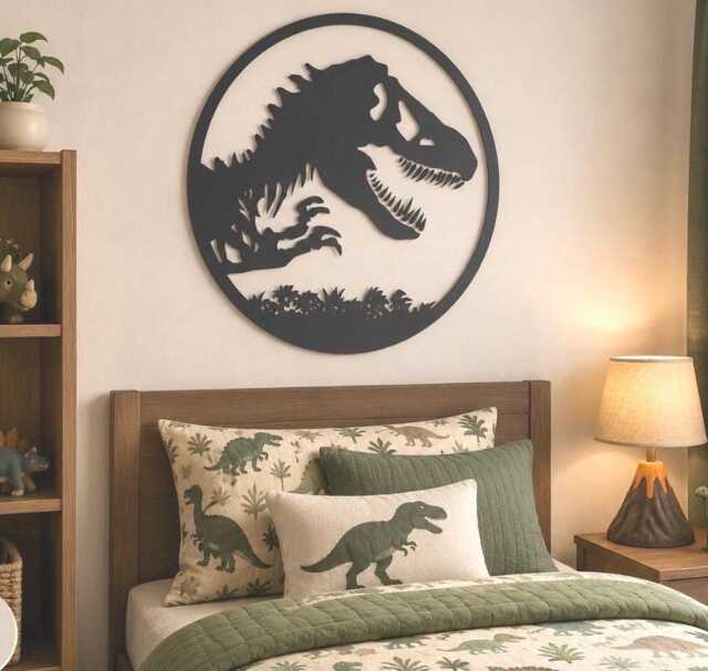 Metal Dino Sign Wall Art Black Circle Skeleton Silhouette Design Bedroom Dinosaur Hanging Trex Steel Artwork Round 16 Inch Jurassic Nursery - image 1