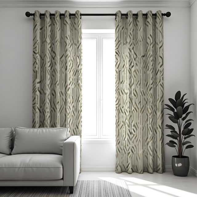 Beige & Green Tones Geometric Curtains, Contemporary Pattern Drapes, Custom Made Window Treatments, Stylish Home Decor Panels - image 1
