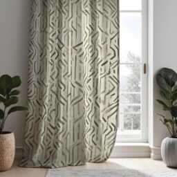 Beige & Green Tones Geometric Curtains, Contemporary Pattern Drapes, Custom Made Window Treatments, Stylish Home Decor Panels - thumbnail 4