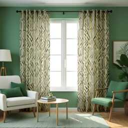 Beige & Green Tones Geometric Curtains, Contemporary Pattern Drapes, Custom Made Window Treatments, Stylish Home Decor Panels - thumbnail 2