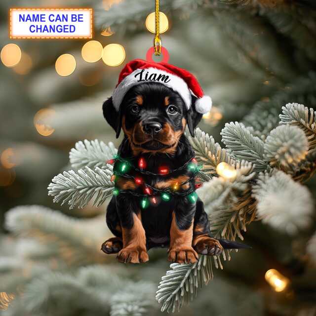 Custom Name Rottweiler Cute Dog With Santa Hat Christmas Lights Ornament, Tree Hanging Decor, Flat 2D Ornament - image 1