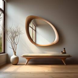 Asymmetrical Wooden Wall Mirror With Organic Frame, Handmade For Living Room Decoration - thumbnail 1
