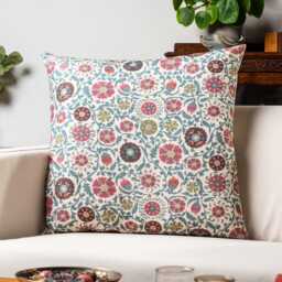 Tudor Rose Extra-Large Cushion Cover in Coral Pink. Classic Floral & Botanical Trailing Vines Design. 23X23