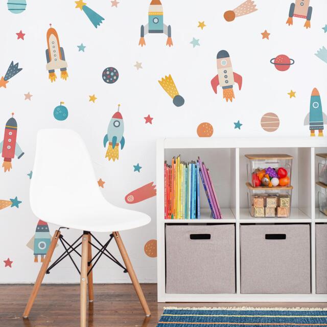 Space Wall Decals - Removable, Reusable Rocket Ship Stickers Watercolor Planet & Star Decals, Nursery Decor, Kids Room Art - image 1