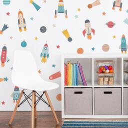 Space Wall Decals - Removable, Reusable Rocket Ship Stickers Watercolor Planet & Star Decals, Nursery Decor, Kids Room Art - thumbnail 1