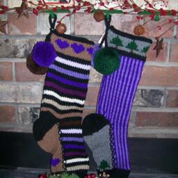 Hand Knit Christmas Stocking Gray Purple Stripes Fir Tree Detail By Santa's Works - thumbnail 2