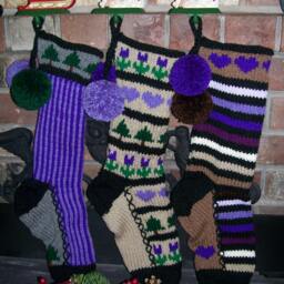 Hand Knit Christmas Stocking Gray Purple Stripes Fir Tree Detail By Santa's Works - thumbnail 3