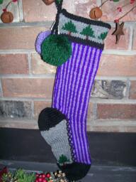 Hand Knit Christmas Stocking Gray Purple Stripes Fir Tree Detail By Santa's Works - thumbnail 1