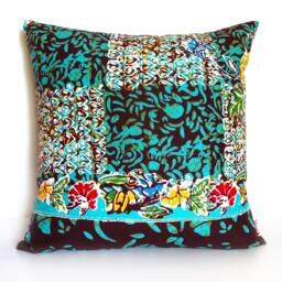Brown & Green Floral Batik Pattern 16 Inches Square Pillow Cover - thumbnail 1
