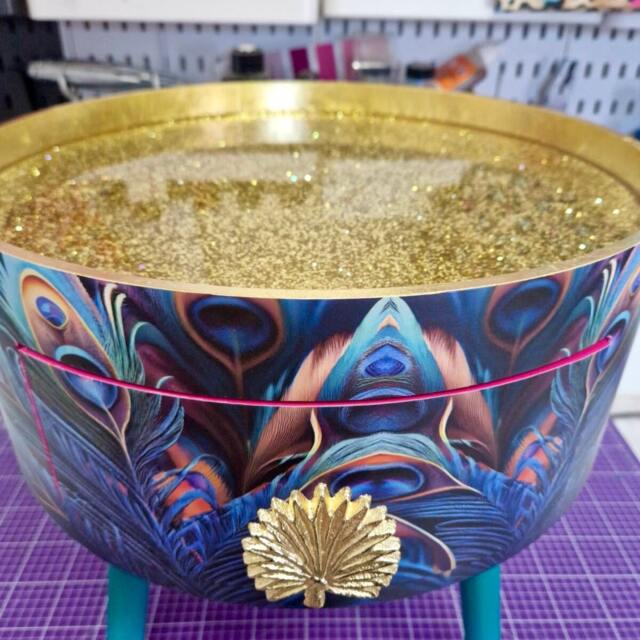 Peacock Side Table Glitter Top, Blue, Green & Teal Jewel Colours, Opulent Nightstand, Hot Pink Navy Bedside Table, Round Small - image 1