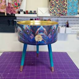 Peacock Side Table Glitter Top, Blue, Green & Teal Jewel Colours, Opulent Nightstand, Hot Pink Navy Bedside Table, Round Small - thumbnail 2