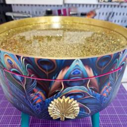 Peacock Side Table Glitter Top, Blue, Green & Teal Jewel Colours, Opulent Nightstand, Hot Pink Navy Bedside Table, Round Small