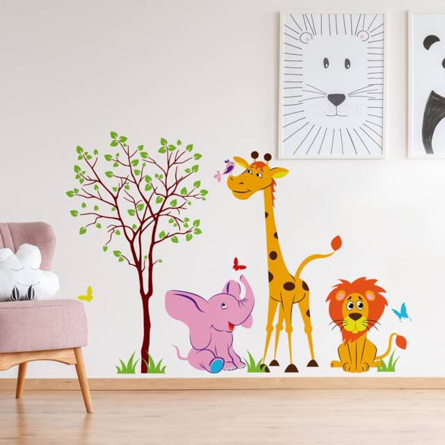 Nursery Animal Wall Decor Vinyl Sticker - Art Jungle Kid Baby Set Cute Decal African Elephant Giraffe Girl Room Wild Boy Child Mural - image 1