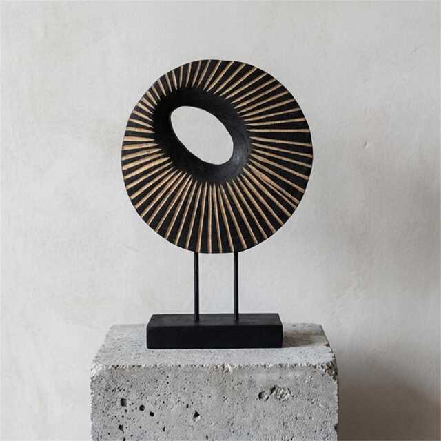 Modern Wood Circle Sculpture Black & Gold Abstract Geometric Decor - image 1