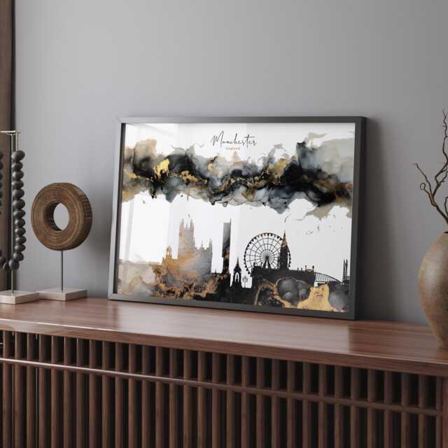 Manchester Skyline Black & Gold Wall Art Print - England UK United Kingdom - image 1