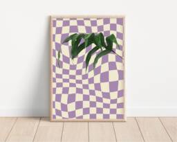 Retro Psychedelic Plant Print - Leaves, Checkerboard, Hippie, Trippy Aesthetic, Palm Houseplant Print, Y2K Art, Colourful Modern Art - thumbnail 1