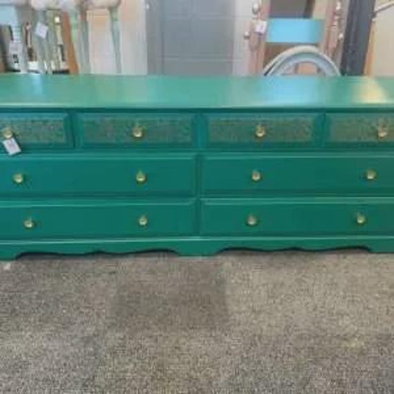 Large Painted Chest Of Drawers Merchant Teal Green Blue Gold Lace Floral Design Flower Handles - image 1