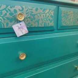 Large Painted Chest Of Drawers Merchant Teal Green Blue Gold Lace Floral Design Flower Handles - thumbnail 4