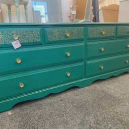 Large Painted Chest Of Drawers Merchant Teal Green Blue Gold Lace Floral Design Flower Handles - thumbnail 3