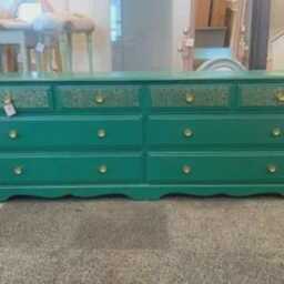 Large Painted Chest Of Drawers Merchant Teal Green Blue Gold Lace Floral Design Flower Handles - thumbnail 2